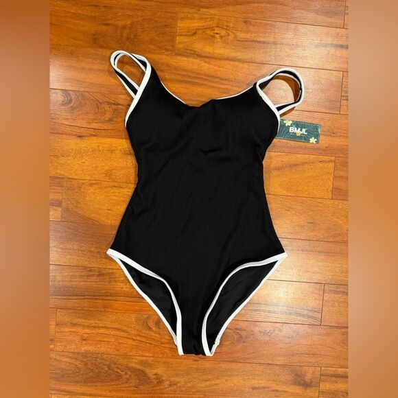 BMJL One Piece Swimsuit Sports Adjustable Strap Color Block Ribbed High Cut NWT - Picture 3 of 5